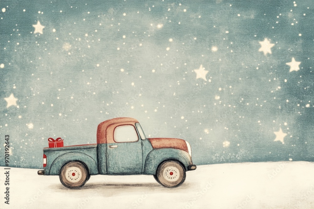 Obraz premium An illustration of a vintage truck parked under a sky filled with stars. The rustic charm of the truck and the dreamy starry background create a nostalgic and magical atmosphere.