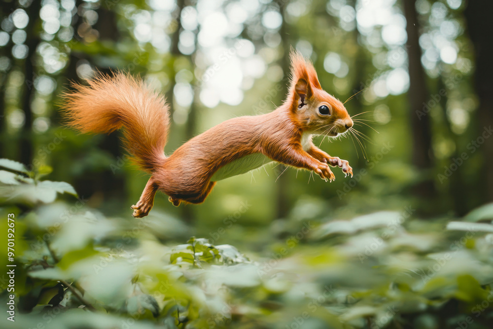 Eurasian red squirrel jumping in the forest. Eurasian red squirrel jumping in the forest.
