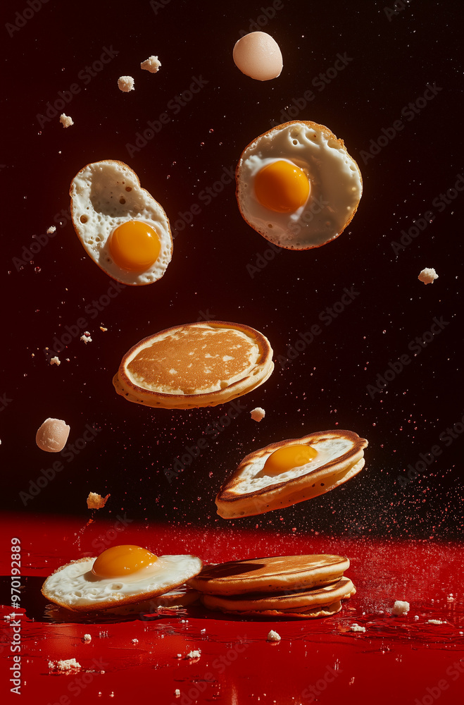 A still life features pancakes, eggs, and toast flying in the air above a red table adorned with a marmalade jar, coffee cup, and apple against a dark red background.Minimal creative food concept.
A still life features pancakes, eggs, and toast flying in the air above a red table adorned with a marmalade jar, coffee cup, and apple against a dark red background.Minimal creative food concept.