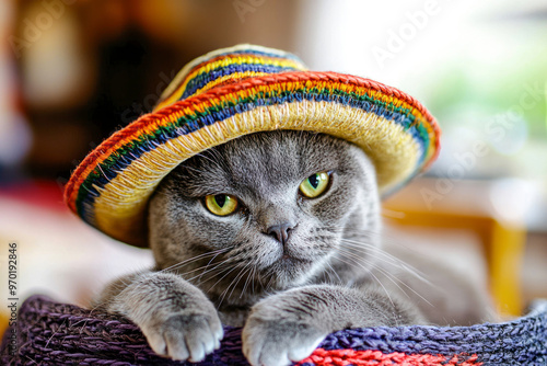 Funny gray cat in a Mexican sambrerro hat on his head. photo