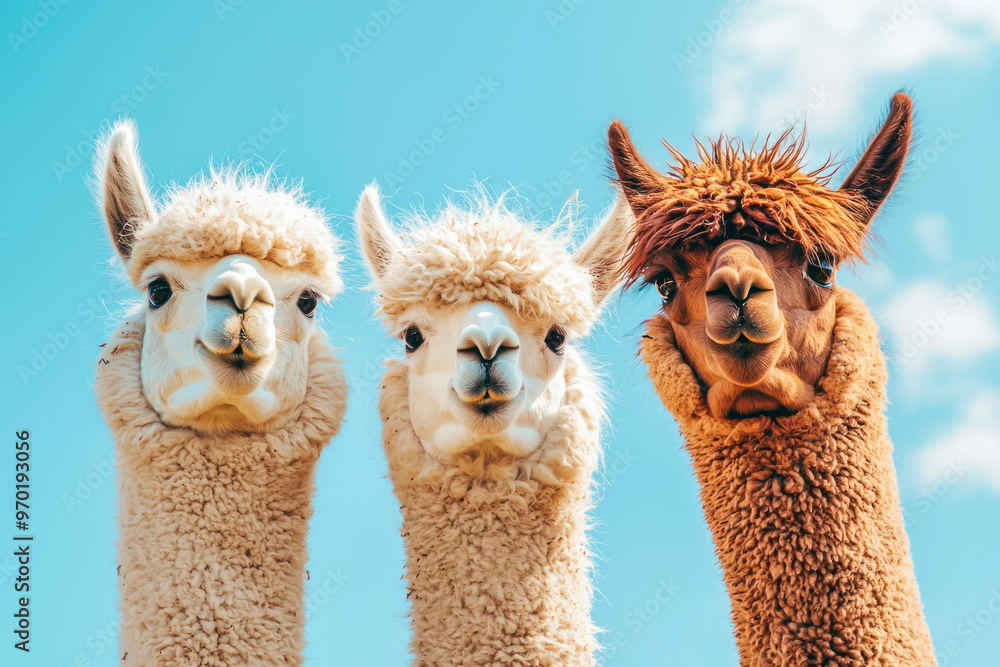 Fototapeta premium Three funny alpacas together on the background of blue sky.