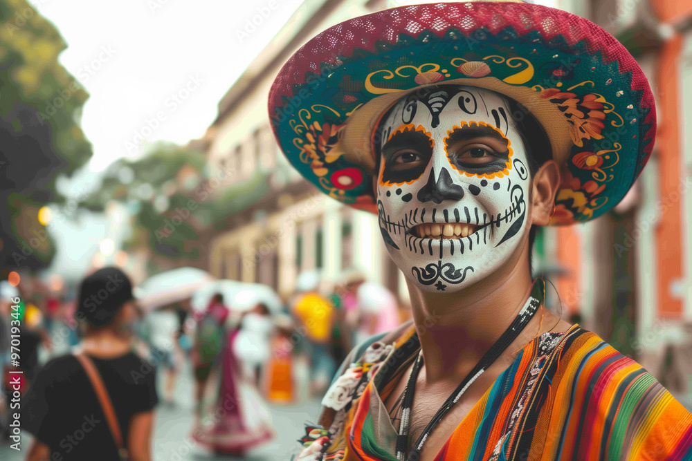 Mexican Skull Man in Colorful Makeup and Traditional Outfit Celebrating Day of the Dead in Festive Street Parade Full of Culture Mexican Skull Man in Colorful Makeup and Traditional Outfit Celebrating Day of the Dead in Festive Street Parade Full of Culture
