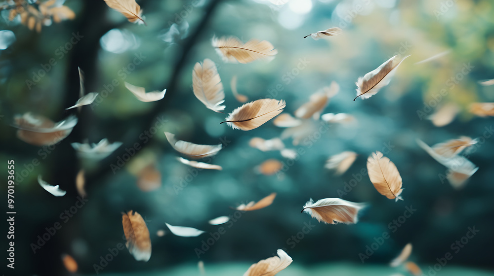 Leaves turning into feathers, floating through the wind as they transform Leaves turning into feathers, floating through the wind as they transform