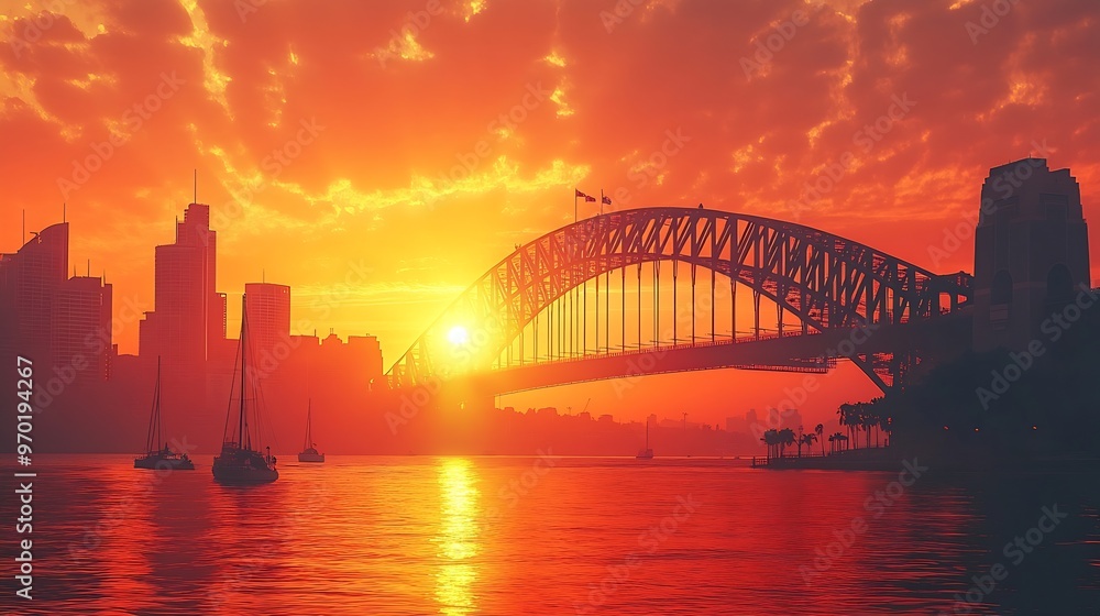 Obraz premium Sunset View of City Skyline and Suspension Bridge Golden sunset silhouetting a modern suspension bridge against a city skyline with boats on the water : Generative AI