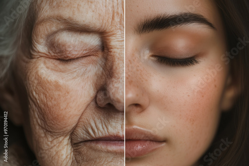 side by side comparison of young versus old aging woman skincare sunscreen uv light laster treatment cosmetic dermatology