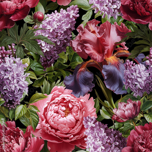 Seamless vector pattern with peony, iris and lilac flowers isolated on a changeable background. Vintage painting style illustration.