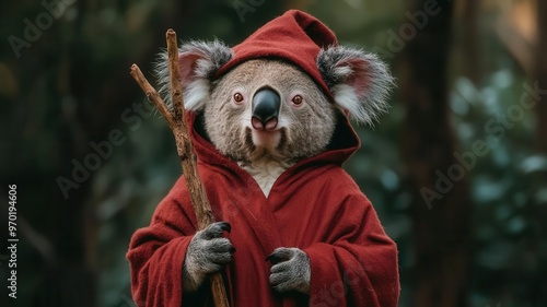 A koala in a wizard s robe, holding a staff made from eucalyptus wood, koala wizard costume, magical outback photo