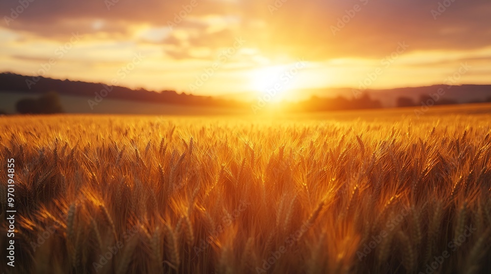 Deliberate lens flare with a beautiful sunset over a field of golden barley near Painswick The Cotswolds Gloucestershire UK : Generative AI Deliberate lens flare with a beautiful sunset over a field of golden barley near Painswick The Cotswolds Gloucestershire UK : Generative AI