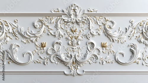 White wall panels in classical style with gilding. 3d rendering. Baroque. Illustration