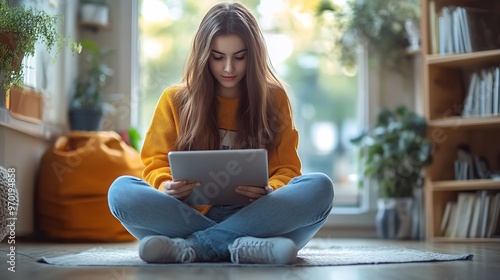 Young casual business woman sitting on the floor using stylus pen and digital tablet working on laptop computer at home office Female student online studying Elearning : Generative AI photo