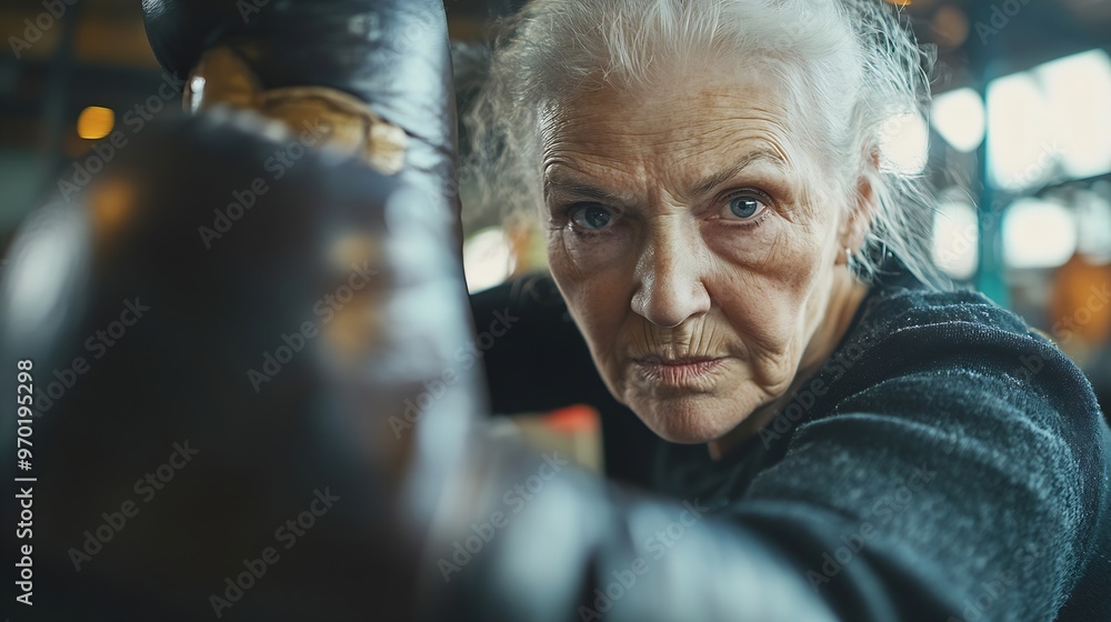 Determined senior woman boxing at punching bag in gym : Generative AI Determined senior woman boxing at punching bag in gym : Generative AI