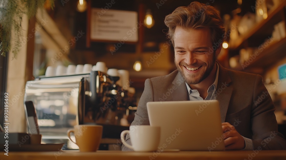A joyous Caucasian male in a sharp suit works diligently on his laptop surrounded by the warm ambiance of a local coffee house cup nearby : Generative AI A joyous Caucasian male in a sharp suit works diligently on his laptop surrounded by the warm ambiance of a local coffee house cup nearby : Generative AI