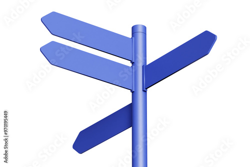 Blue street signs on white. Directional pole with arrows, finger post sign