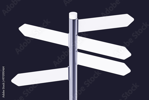 White street sign isolated. Directional pole with arrows, finger post signs