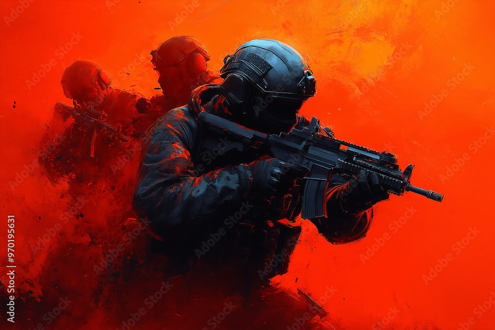 Fictional tense battlefield with armed players, smoke grenades, and gunfire, as explosions erupt and a bomb timer ticks down amidst the chaos Generated by AI Fictional tense battlefield with armed players, smoke grenades, and gunfire, as explosions erupt and a bomb timer ticks down amidst the chaos Generated by AI