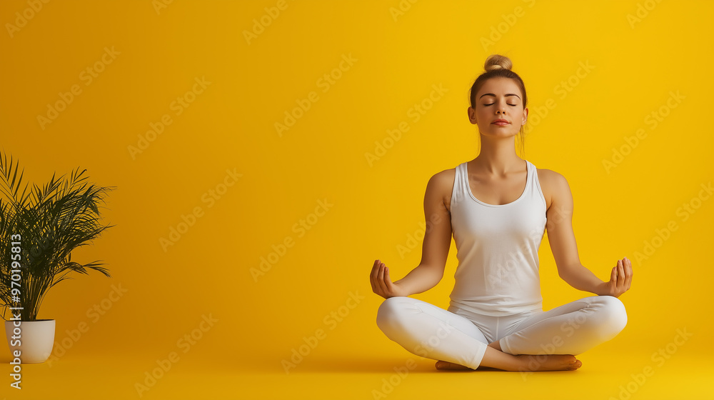 Woman meditating in lotus pose against bright yellow background, promoting mindfulness, relaxation, and mental well-being through yoga and meditation practices Woman meditating in lotus pose against bright yellow background, promoting mindfulness, relaxation, and mental well-being through yoga and meditation practices