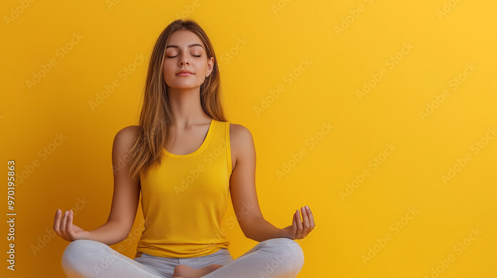 Woman meditating in lotus pose against bright yellow background, promoting mindfulness, relaxation, and mental well-being through yoga and meditation practices Woman meditating in lotus pose against bright yellow background, promoting mindfulness, relaxation, and mental well-being through yoga and meditation practices