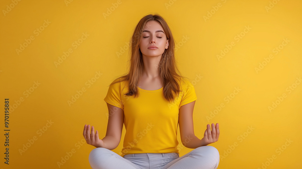 Woman meditating in lotus pose against bright yellow background, promoting mindfulness, relaxation, and mental well-being through yoga and meditation practices Woman meditating in lotus pose against bright yellow background, promoting mindfulness, relaxation, and mental well-being through yoga and meditation practices