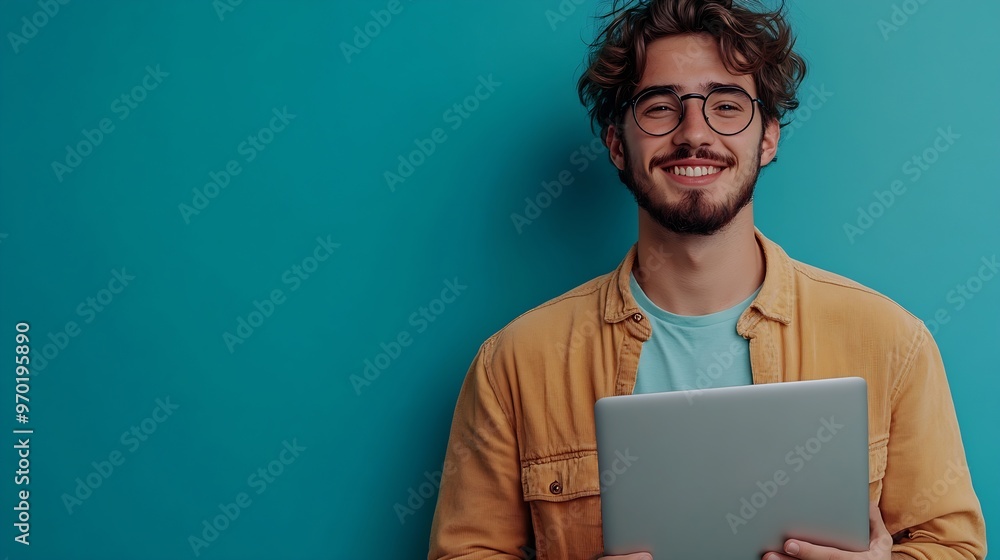 Happy young man holding his laptop computer looking aside at copy space on blue studio background Positive freelancer guy advertising online job offer Internet technology gadgets Panor : Generative AI Happy young man holding his laptop computer looking aside at copy space on blue studio background Positive freelancer guy advertising online job offer Internet technology gadgets Panor : Generative AI