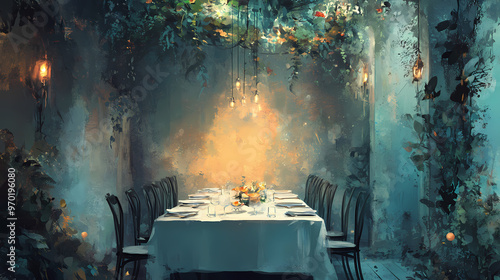 Surrealism of a chefs table experience at a farmtotable restaurant, featuring magical realism elements with lush, organic surroundings and a cooltoned, watercolor aesthetic. Realism. Illustration photo