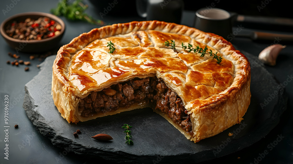A hearty tourti re pie with flaky golden crust, sliced open to reveal layers of seasoned meat filling, placed on a stone slab with rustic tableware A hearty tourti re pie with flaky golden crust, sliced open to reveal layers of seasoned meat filling, placed on a stone slab with rustic tableware