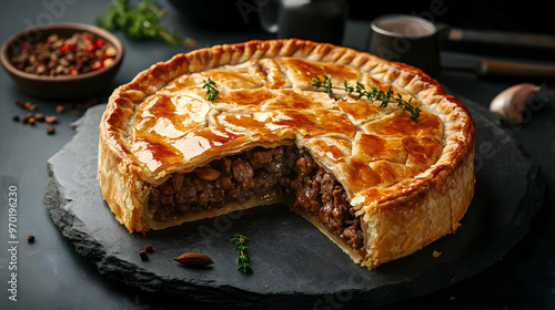 A hearty tourti re pie with flaky golden crust, sliced open to reveal layers of seasoned meat filling, placed on a stone slab with rustic tableware