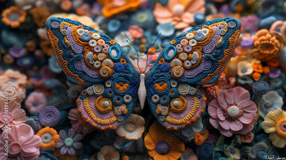 A 3D render of a large and graceful crochet butterfly with intricate patterns and a variety of colors. The butterfly is perched on a crochet flower A 3D render of a large and graceful crochet butterfly with intricate patterns and a variety of colors. The butterfly is perched on a crochet flower