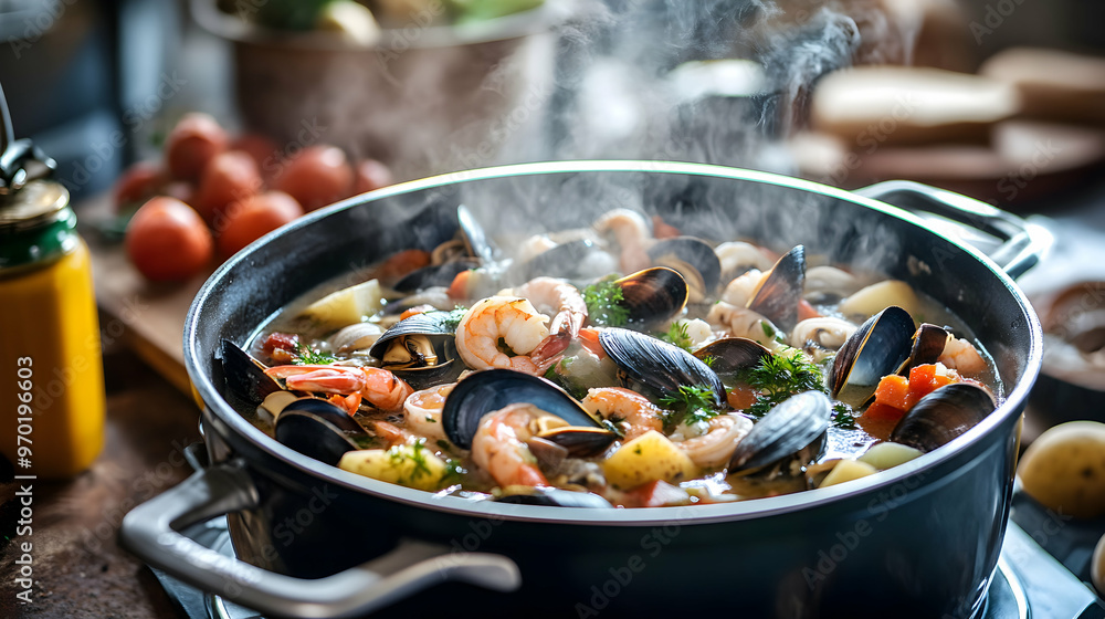 A large pot of seafood chowder simmering with mussels, clams, shrimp, and potatoes, served in a rustic kitchen with steam rising from the pot A large pot of seafood chowder simmering with mussels, clams, shrimp, and potatoes, served in a rustic kitchen with steam rising from the pot