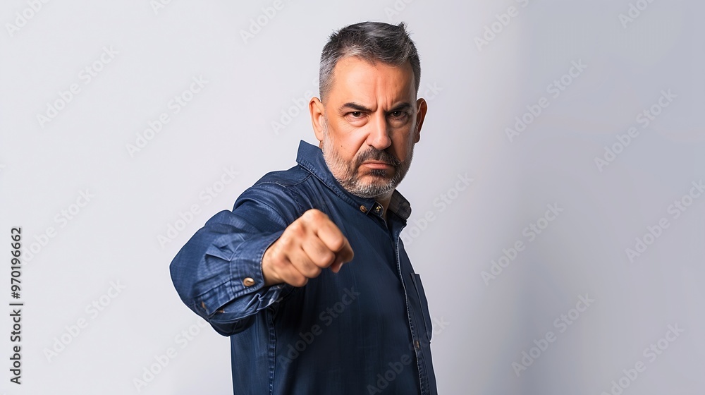 A middle aged male supervisor eagerly shows his fist Ready and gungho for a challenge Isolated on a white backdrop : Generative AI A middle aged male supervisor eagerly shows his fist Ready and gungho for a challenge Isolated on a white backdrop : Generative AI