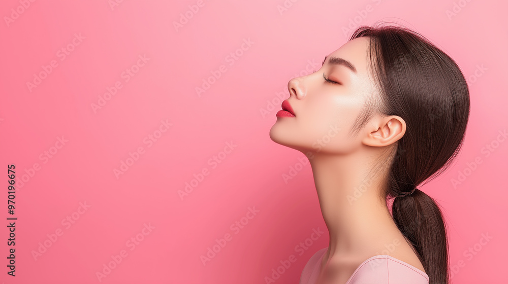 Woman in white top meditating with eyes closed against soft pink background, representing calmness, mindfulness, and serenity in a peaceful and balanced life Woman in white top meditating with eyes closed against soft pink background, representing calmness, mindfulness, and serenity in a peaceful and balanced life