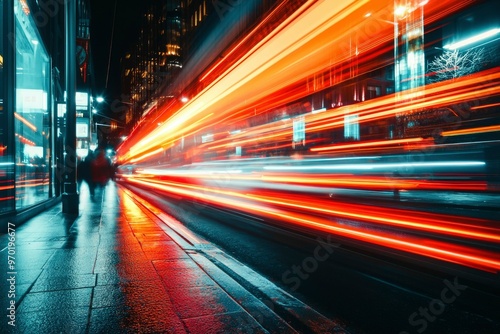 City Street at Night with Streaks of Light from Passing Cars
