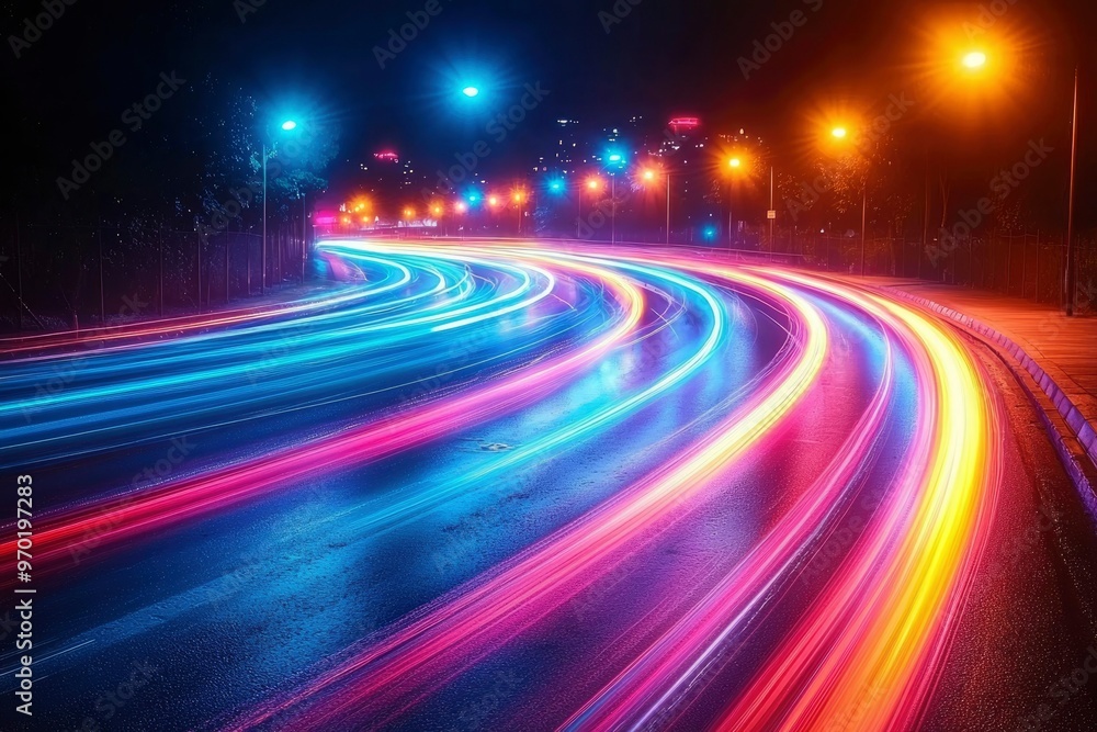 Nighttime Cityscape with Street Lights and Light Trails from Cars Nighttime Cityscape with Street Lights and Light Trails from Cars
