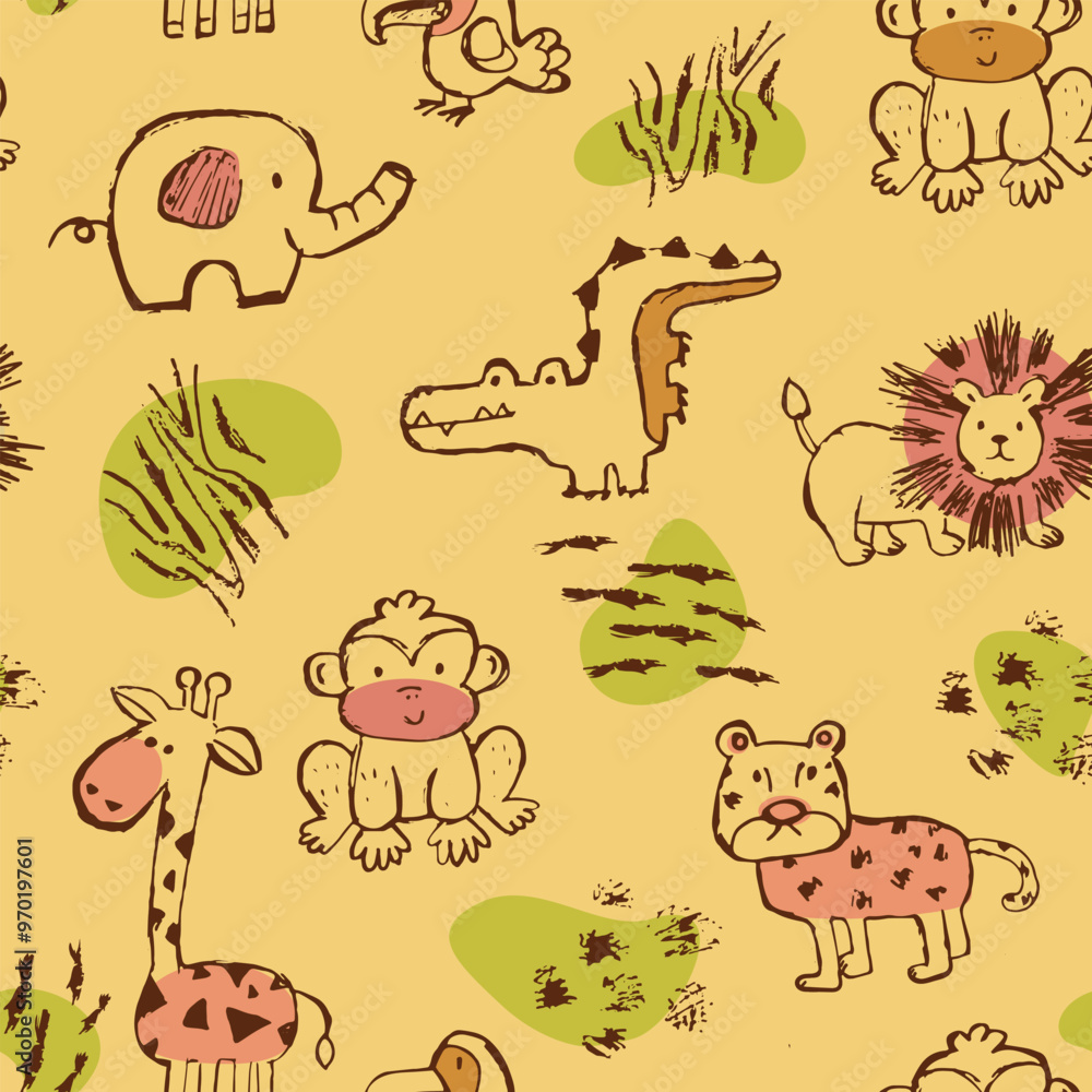 Obraz premium Childish animal seamless pattern. Lion, monkey, giraffe, tiger, elephant, toucan, alligator in sketch simple style. 