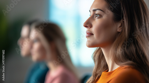 Side profile of focused woman in group setting, diverse people in background, concept of teamwork, attention, and corporate professional environment, blurred depth