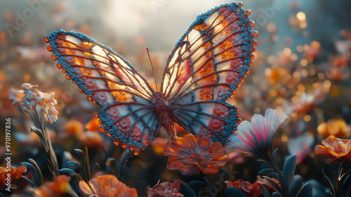 A 3D render of a large and graceful crochet butterfly with intricate patterns and a variety of colors. The butterfly is perched on a crochet flower