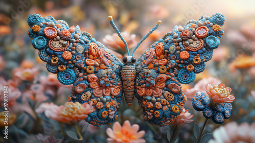 A 3D render of a large and graceful crochet butterfly with intricate patterns and a variety of colors. The butterfly is perched on a crochet flower