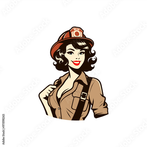 firefighter sexy pinup girl drawing retro logo