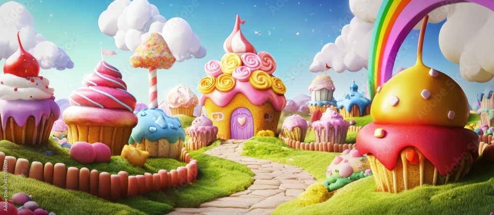 Candy factory illustration featuring a whimsical landscape with cupcake and waffle houses complemented by a low poly garden fence and a vibrant rainbow backdrop Fairy tale game environment art Candy factory illustration featuring a whimsical landscape with cupcake and waffle houses complemented by a low poly garden fence and a vibrant rainbow backdrop Fairy tale game environment art
