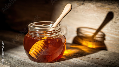 A photo of a jar of honey with a wooden spoon inside. The honey is a deep golden color and has a few air bubbles trapped inside. The jar is placed on a rustic wooden surface. 