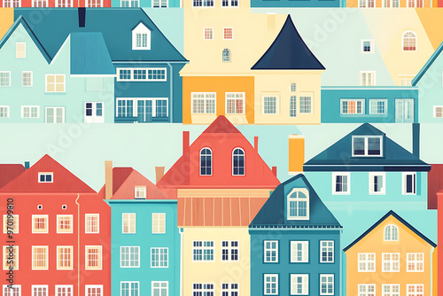 Flat art illustration of multi-colored house facades, showcasing simple geometric shapes and vibrant colors, creating a playful and modern urban aesthetic. 