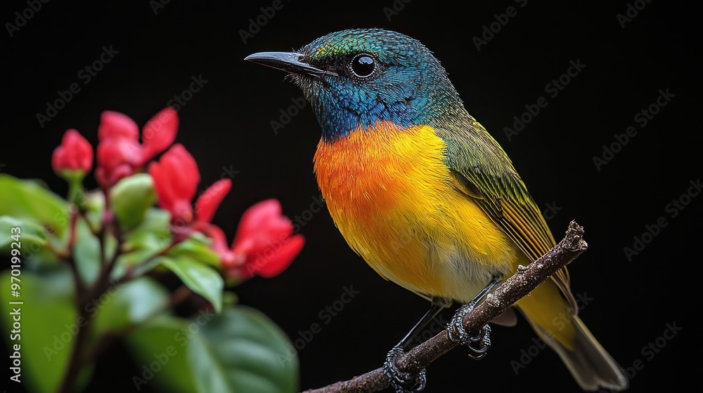 A vibrant bird perched near colorful flowers on a branch. A vibrant bird perched near colorful flowers on a branch.