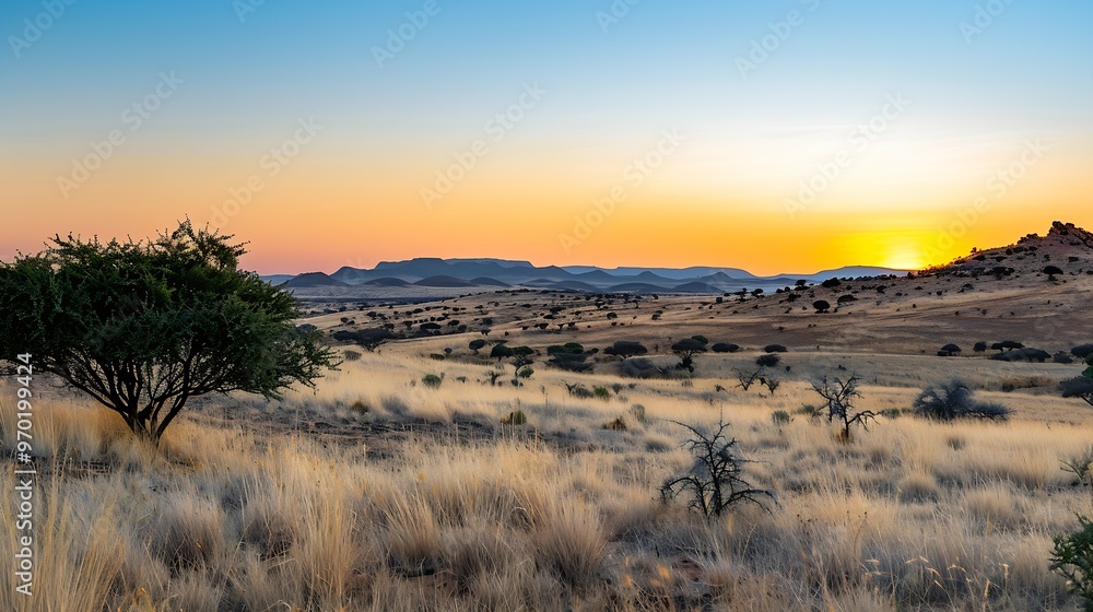 Fototapeta premium South Africa 18 may 2019 Kgalagadi National park landscape in South Africa during sunrise : Generative AI