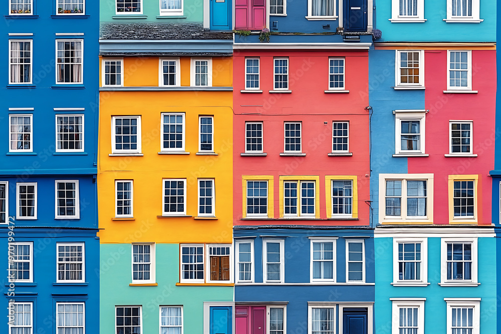 Flat art illustration of multi-colored house facades, showcasing simple geometric shapes and vibrant colors, creating a playful and modern urban aesthetic.
Flat art illustration of multi-colored house facades, showcasing simple geometric shapes and vibrant colors, creating a playful and modern urban aesthetic.