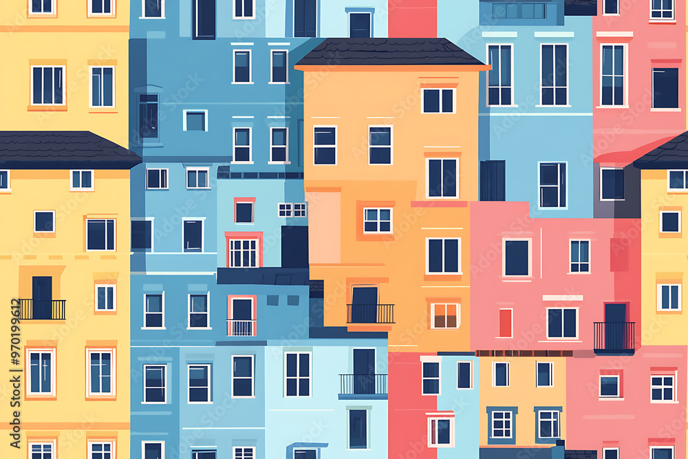 Flat art illustration of multi-colored house facades, showcasing simple geometric shapes and vibrant colors, creating a playful and modern urban aesthetic.
Flat art illustration of multi-colored house facades, showcasing simple geometric shapes and vibrant colors, creating a playful and modern urban aesthetic.