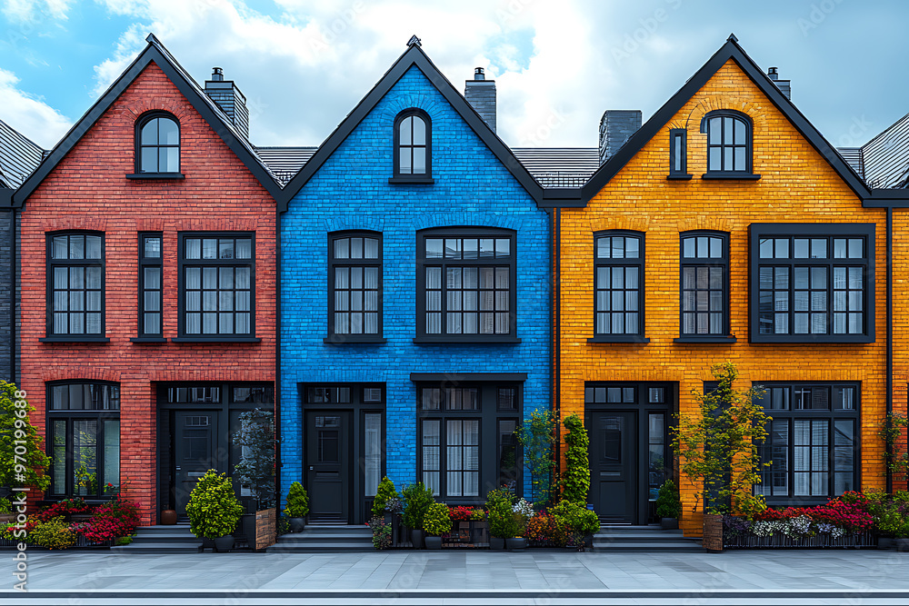 Fototapeta premium Flat art illustration of multi-colored house facades, showcasing simple geometric shapes and vibrant colors, creating a playful and modern urban aesthetic. 