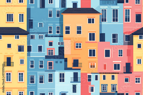 Flat art illustration of multi-colored house facades, showcasing simple geometric shapes and vibrant colors, creating a playful and modern urban aesthetic. 