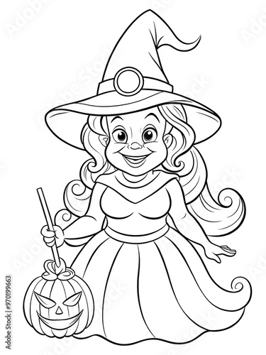 Cute witch character with curly hair and pumpkin, cartoon style for Halloween, web design, children's activities, textile prints