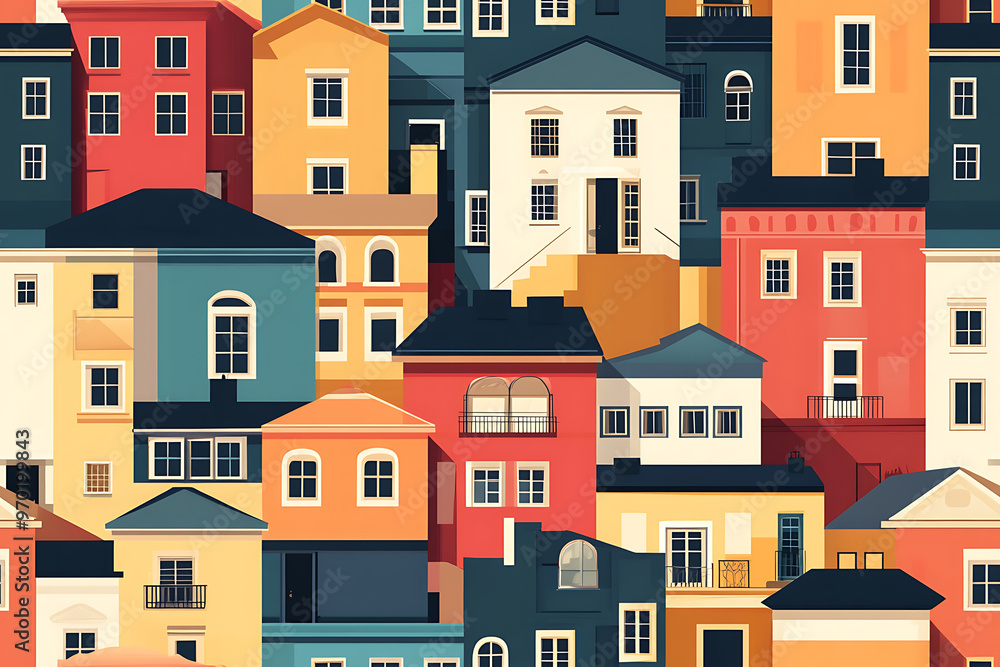 Flat art illustration of multi-colored house facades, showcasing simple geometric shapes and vibrant colors, creating a playful and modern urban aesthetic.
Flat art illustration of multi-colored house facades, showcasing simple geometric shapes and vibrant colors, creating a playful and modern urban aesthetic.