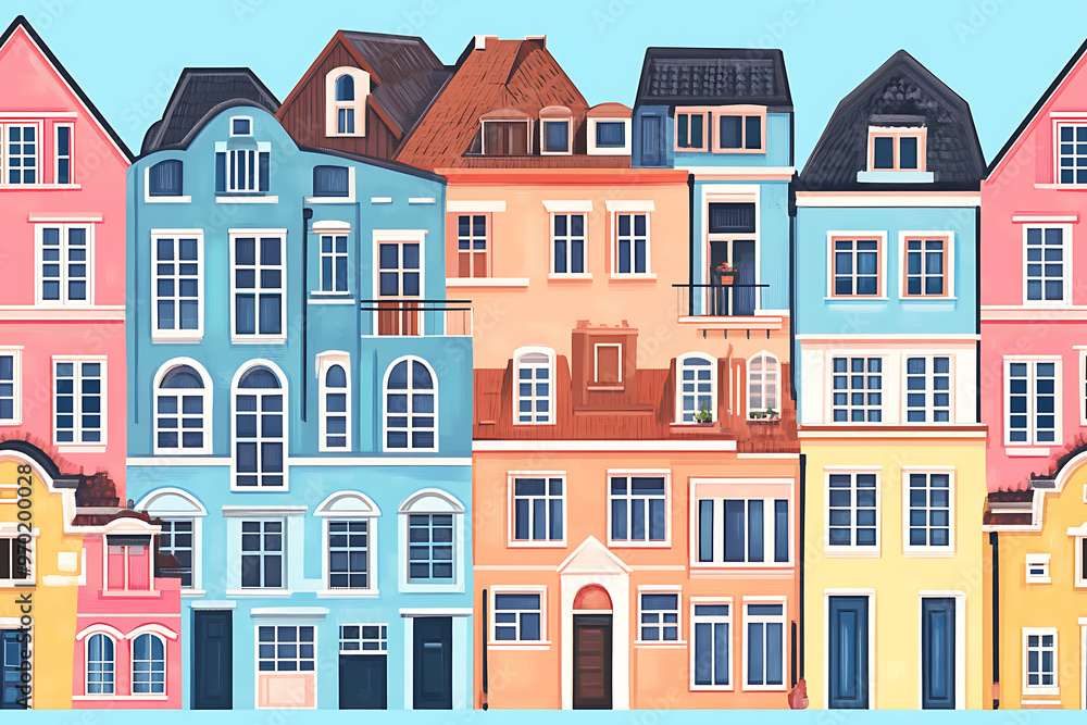 Flat art illustration of multi-colored house facades, showcasing simple geometric shapes and vibrant colors, creating a playful and modern urban aesthetic.
Flat art illustration of multi-colored house facades, showcasing simple geometric shapes and vibrant colors, creating a playful and modern urban aesthetic.