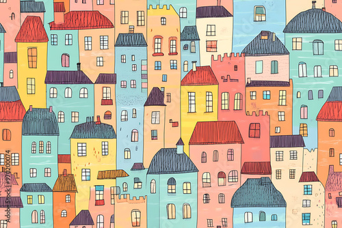 Flat art illustration of multi-colored house facades, showcasing simple geometric shapes and vibrant colors, creating a playful and modern urban aesthetic. 